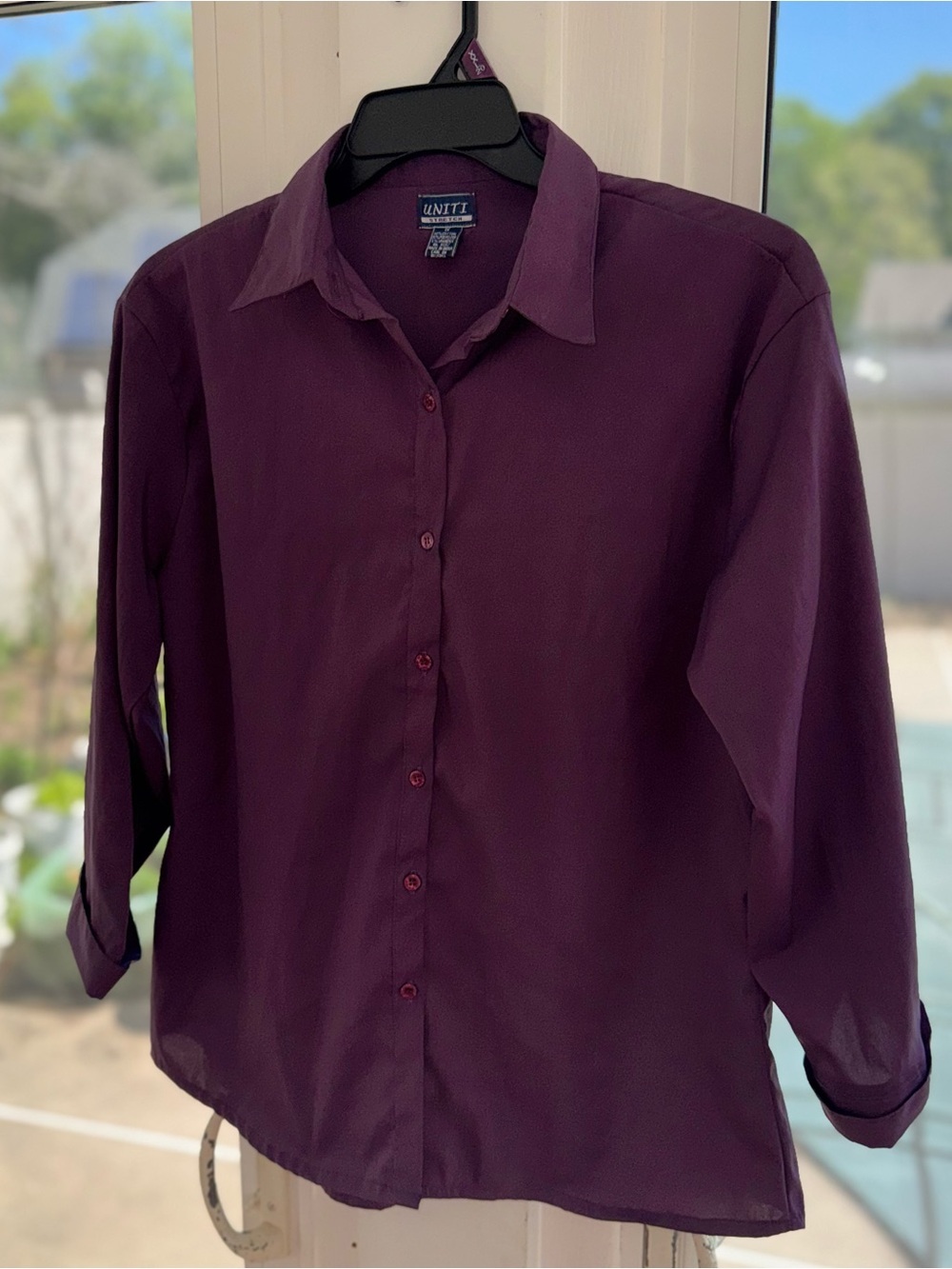 UNITI Women Plus Size 1X Stretch Button Up Shirt Plum Purple Roll Tab 3/4 Sleeve - Picture 4 of 12